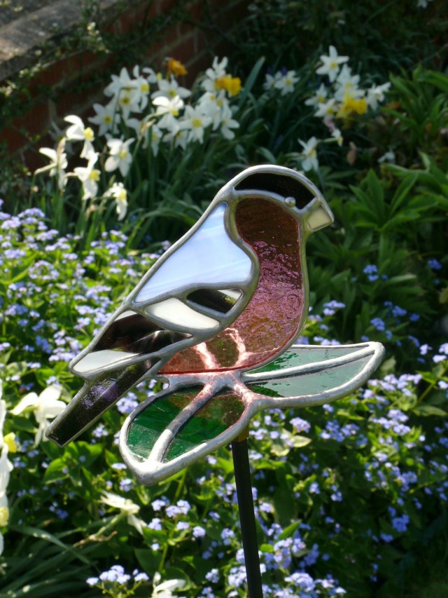 Bulfinch Stained Glass Garden Stake