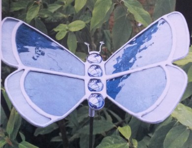 Stained Glass Butterfly Small Blue/ white Rim Garden Stake