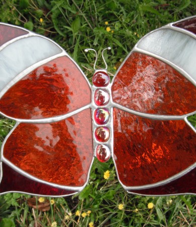 Stained Glass Butterfly Large Orange/red/white Garden Stake