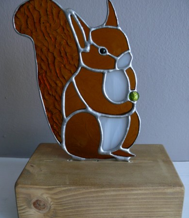 Stained Glass Red Squirrel on Wood