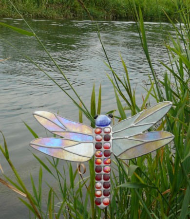 Stained Glass Dragonfly Red & Blue Garden Stake