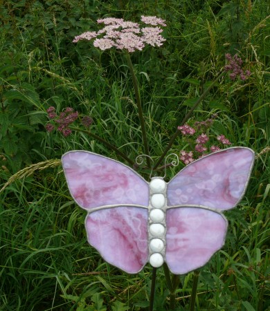 Stained Glass Butterfly Medium Pink Garden Stake