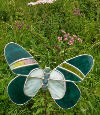 Stained Glass Butterfly Large Blue/white/yellow Garden Stake
