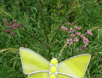 Stained Glass Butterfly Small Yellow Streaky Garden Stake