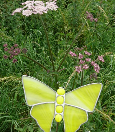 Stained Glass Butterfly Small Yellow Streaky Garden Stake