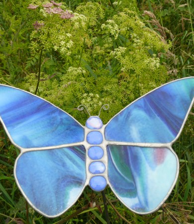Stained Glass Butterfly Medium Blue Swirl Garden Stake