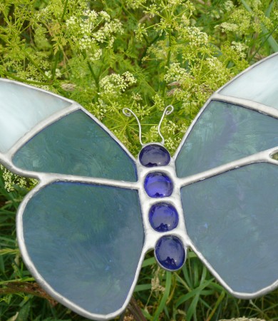 Stained Glass Butterfly Small Blue/White Tip Garden Stake