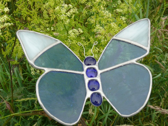 Stained Glass Butterfly Small Blue/White Tip Garden Stake