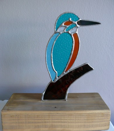 Stained Glass Kingfisher on Wood