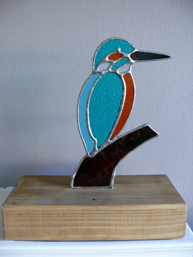 Stained Glass Kingfisher on Wood