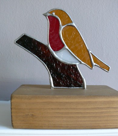 Stained Glass Robin on Wood