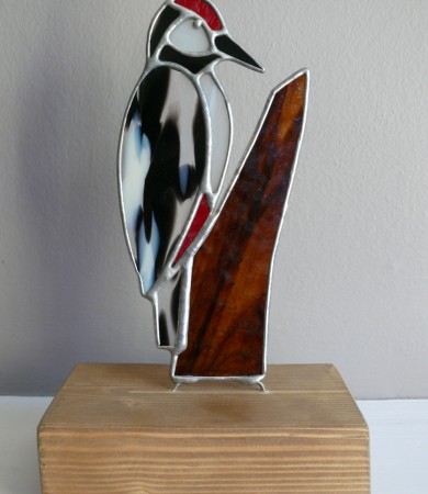 Stained Glass Spotted Woodpecker on Wood