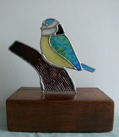 Stained Glass Blue Tit on Wood