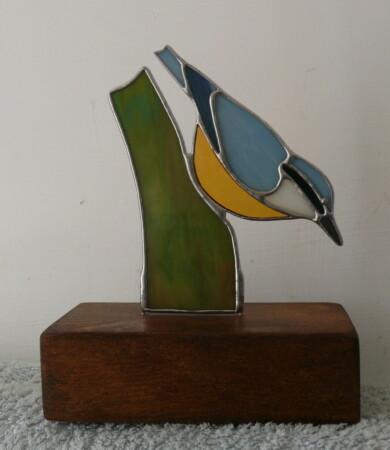 Stained Glass Nuthatch on Wood
