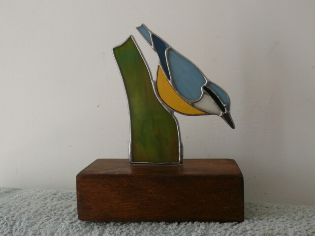Stained Glass Nuthatch on Wood